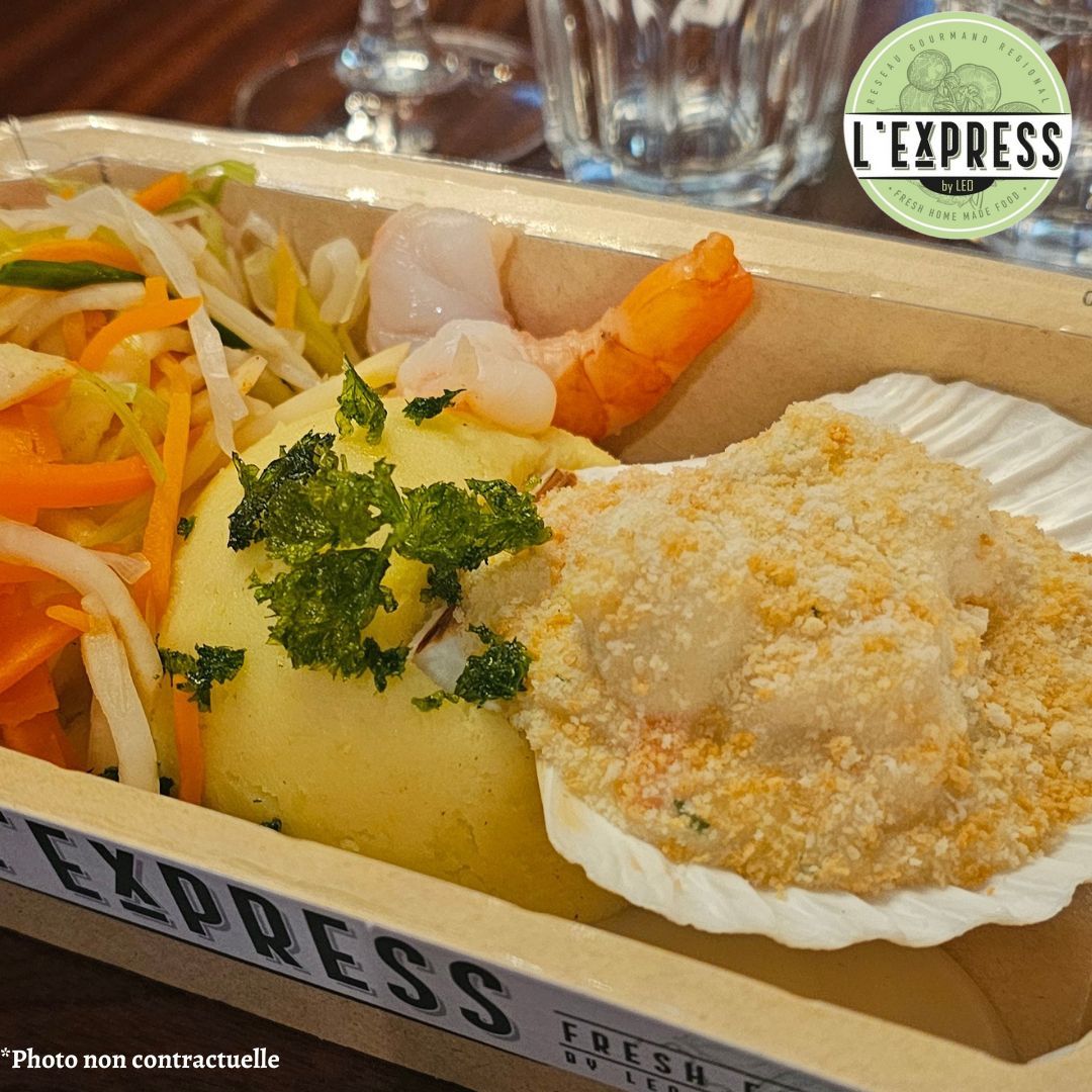 122 Gratin de la mer, coquille Saint-Jacques, cabillaud, saumon, scampis